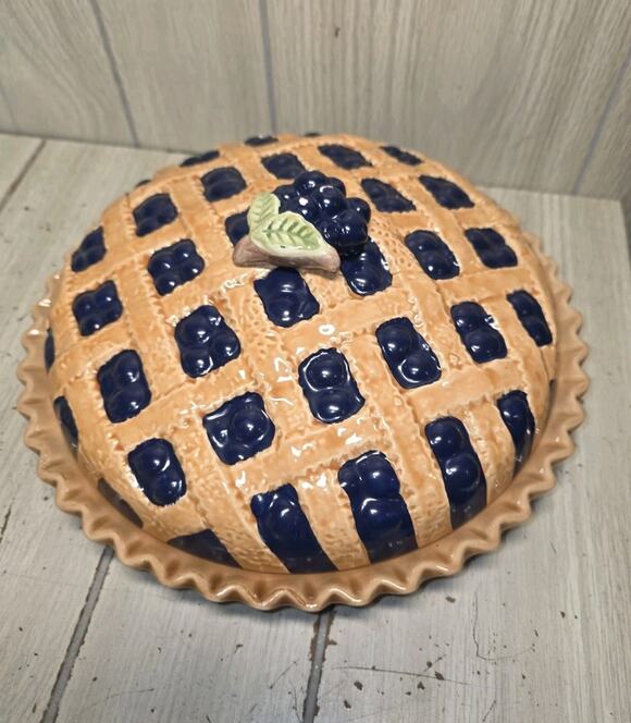 Universal Trumps Corp Other - Vtg Blueberry Pie Recipe Dish Ceramic Scalloped Pan Lid Original Box GrandmaCore